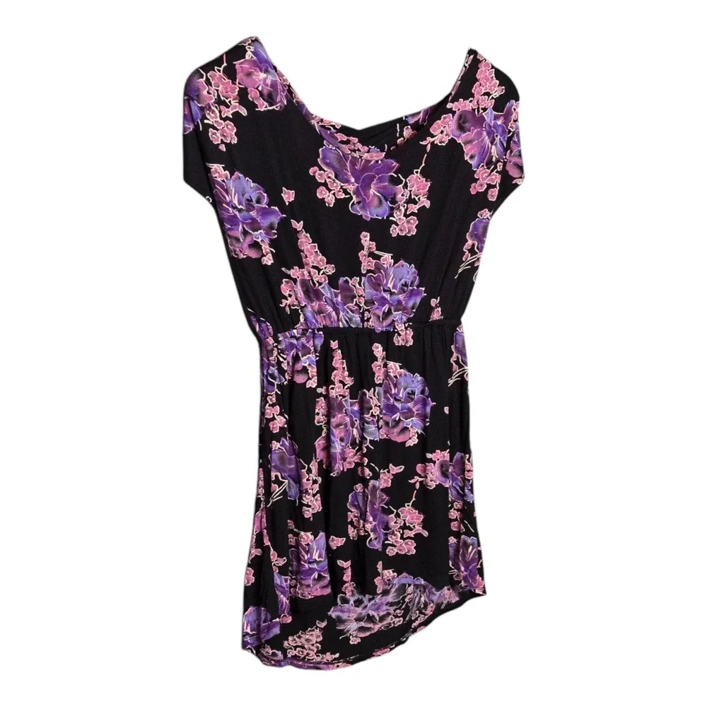 Free People Dress Womens XS Black Purple‎ Floral Boho Fairy Tunic Top